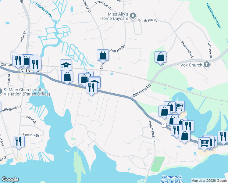 map of restaurants, bars, coffee shops, grocery stores, and more near 145 East Main Street in Clinton