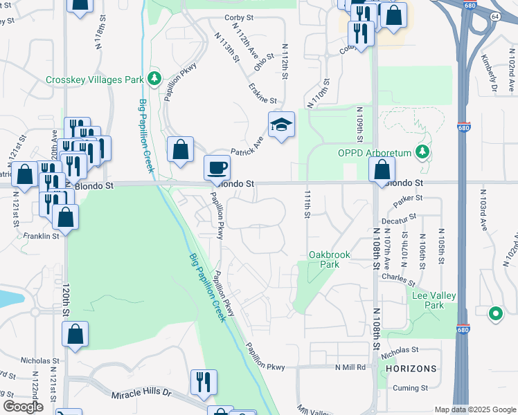 map of restaurants, bars, coffee shops, grocery stores, and more near 11219 Decatur Plaza in Omaha