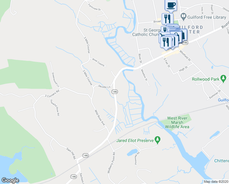 map of restaurants, bars, coffee shops, grocery stores, and more near 276 Water St in Guilford