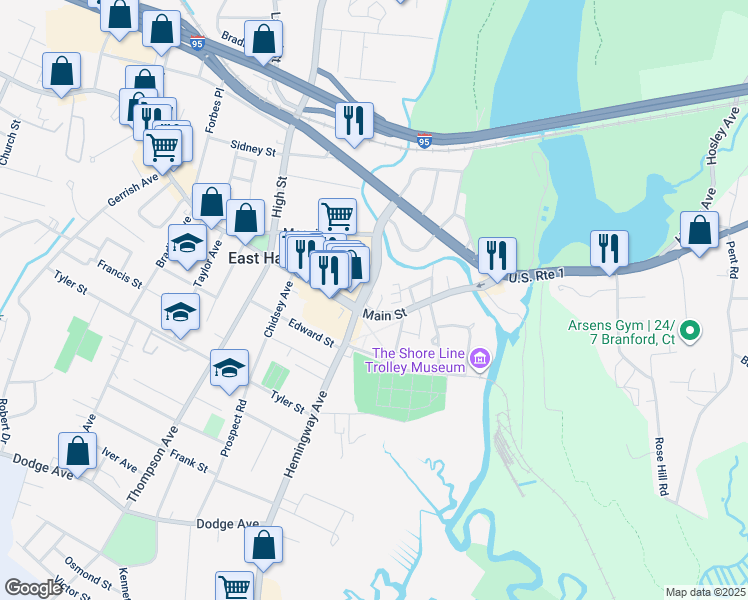 map of restaurants, bars, coffee shops, grocery stores, and more near 339 Hemingway Avenue in East Haven