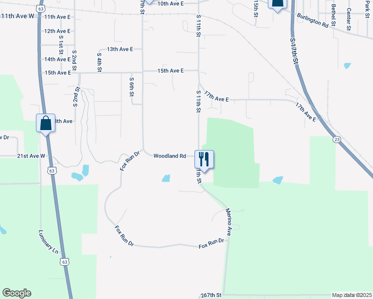 map of restaurants, bars, coffee shops, grocery stores, and more near 1103 Woodland Road in Oskaloosa