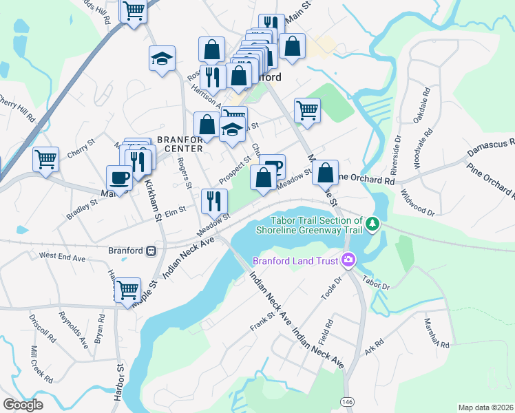 map of restaurants, bars, coffee shops, grocery stores, and more near 155 Meadow Street in Branford