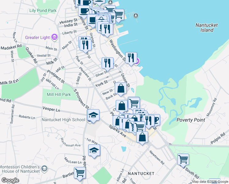 map of restaurants, bars, coffee shops, grocery stores, and more near 94 Orange Street in Nantucket