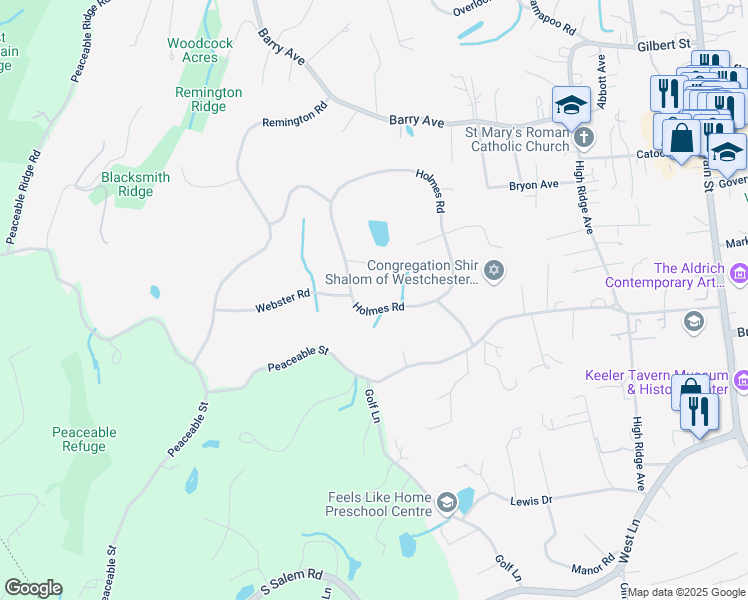 map of restaurants, bars, coffee shops, grocery stores, and more near 60 Holmes Road in Ridgefield