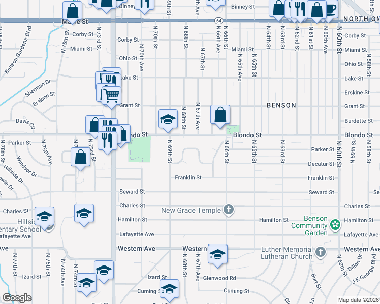 map of restaurants, bars, coffee shops, grocery stores, and more near 6651 Decatur Street in Omaha