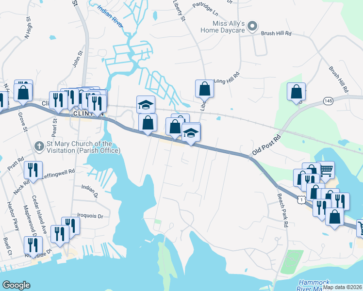 map of restaurants, bars, coffee shops, grocery stores, and more near 114 East Main Street in Clinton