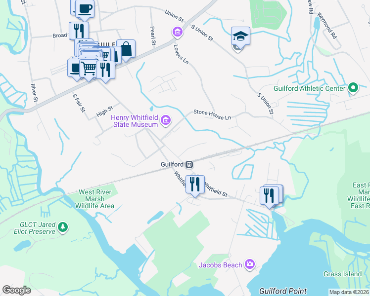 map of restaurants, bars, coffee shops, grocery stores, and more near 47 Drive Way in Guilford