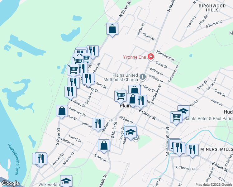 map of restaurants, bars, coffee shops, grocery stores, and more near 1-49 Catherine St in Wilkes-Barre