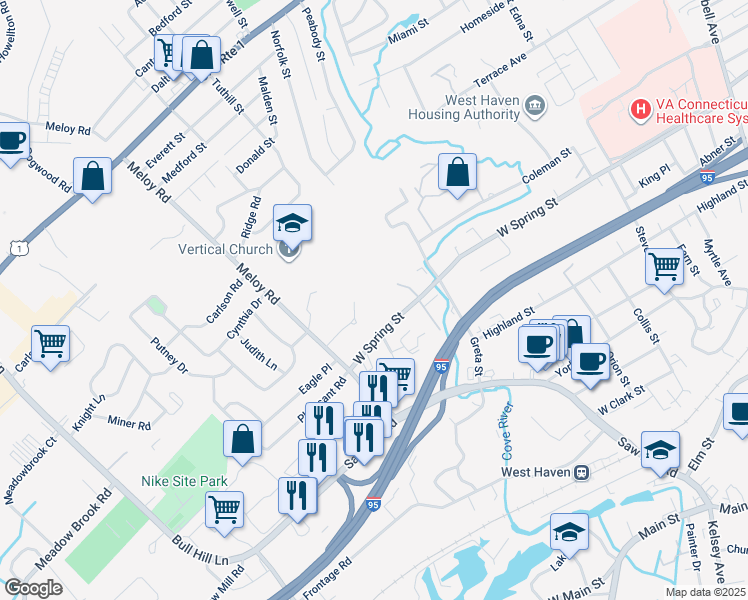map of restaurants, bars, coffee shops, grocery stores, and more near 26 Ridge Court West in West Haven