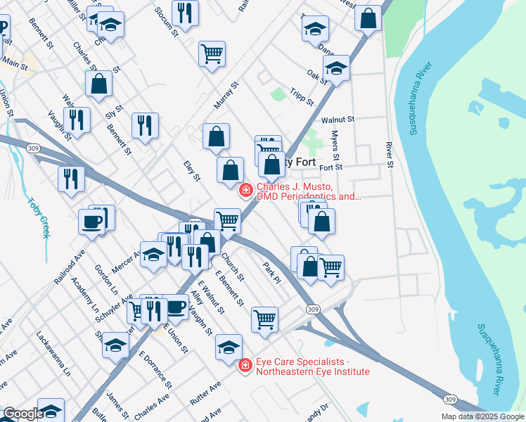 map of restaurants, bars, coffee shops, grocery stores, and more near 21 East Pettebone Street in Forty Fort