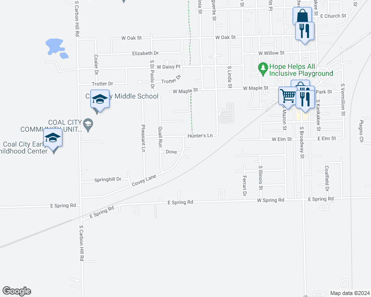 map of restaurants, bars, coffee shops, grocery stores, and more near 805 Covey Lane in Coal City