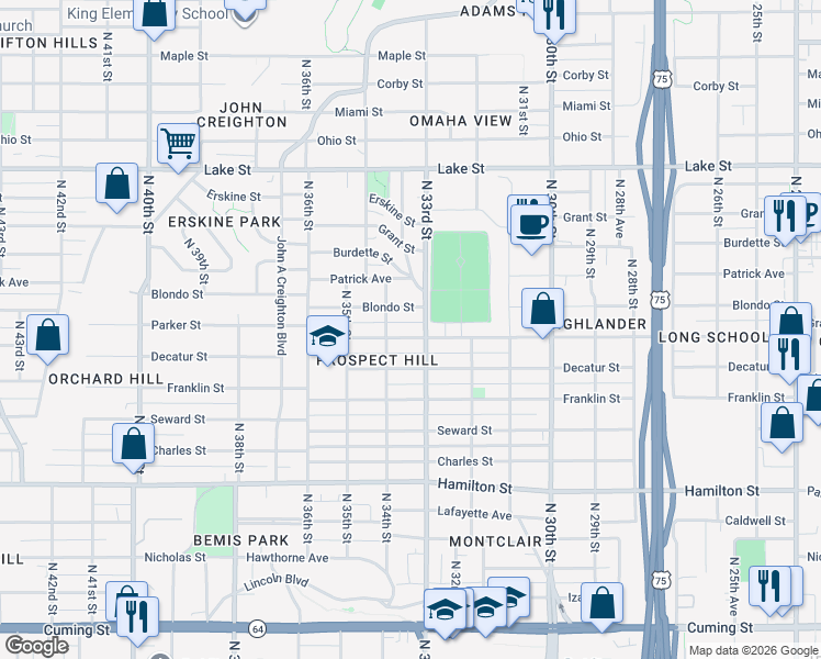 map of restaurants, bars, coffee shops, grocery stores, and more near 3319 Blondo Street in Omaha