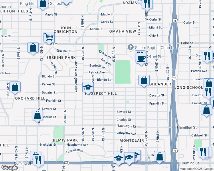 map of restaurants, bars, coffee shops, grocery stores, and more near 3319 Blondo Street in Omaha