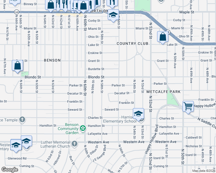 map of restaurants, bars, coffee shops, grocery stores, and more near 5634 Parker Street in Omaha