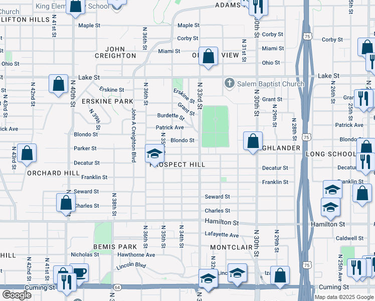 map of restaurants, bars, coffee shops, grocery stores, and more near 3319 Blondo Street in Omaha