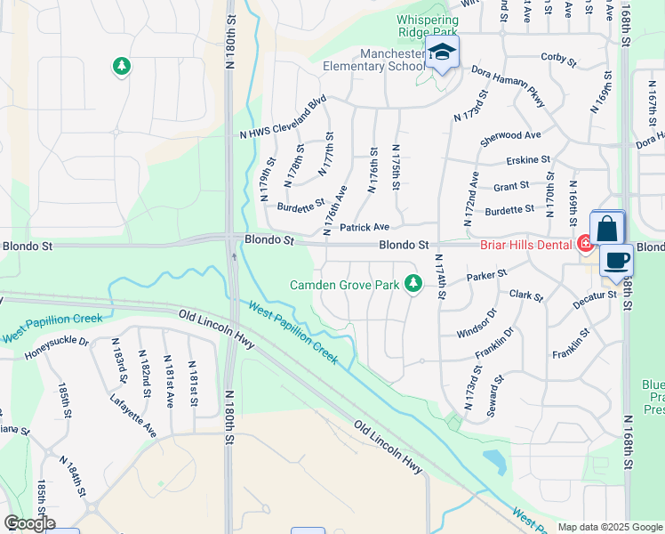 map of restaurants, bars, coffee shops, grocery stores, and more near 1806 North 177th Street in Omaha