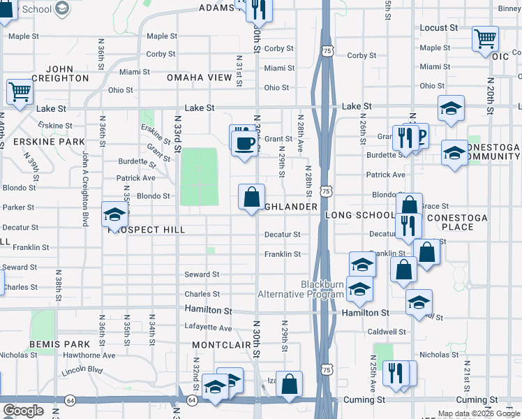 map of restaurants, bars, coffee shops, grocery stores, and more near 2930 Parker Street in Omaha