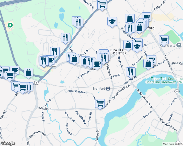 map of restaurants, bars, coffee shops, grocery stores, and more near 12 Bradley Street in Branford