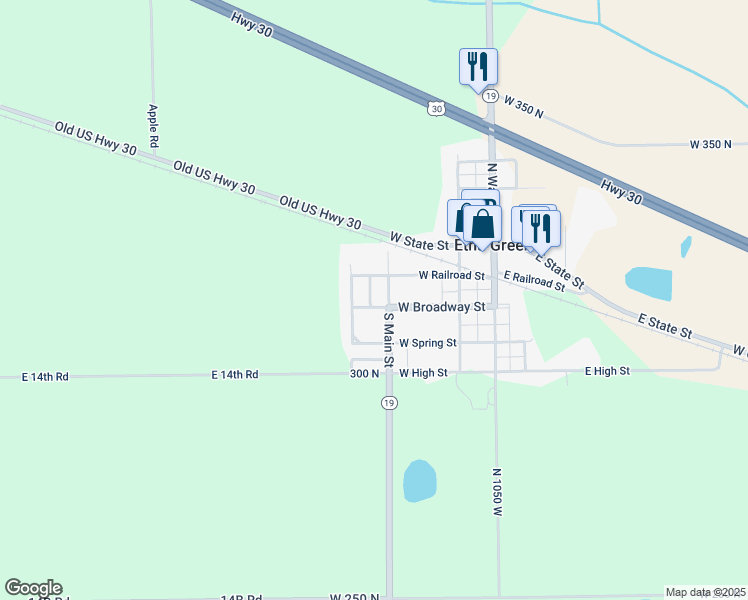 map of restaurants, bars, coffee shops, grocery stores, and more near 414 West Broadway Street in Etna Green
