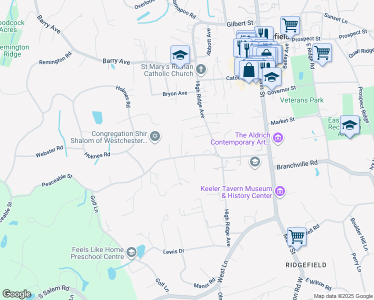 map of restaurants, bars, coffee shops, grocery stores, and more near 30 Peaceable Street in Ridgefield