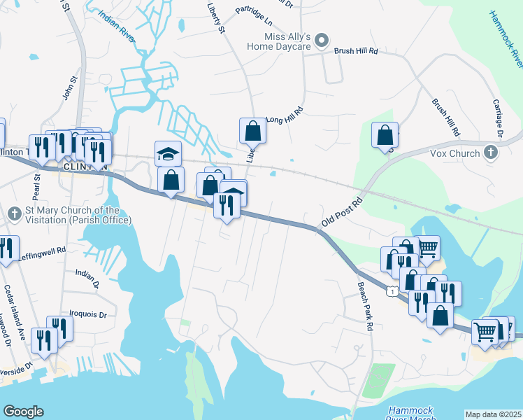 map of restaurants, bars, coffee shops, grocery stores, and more near 135 East Main Street in Clinton
