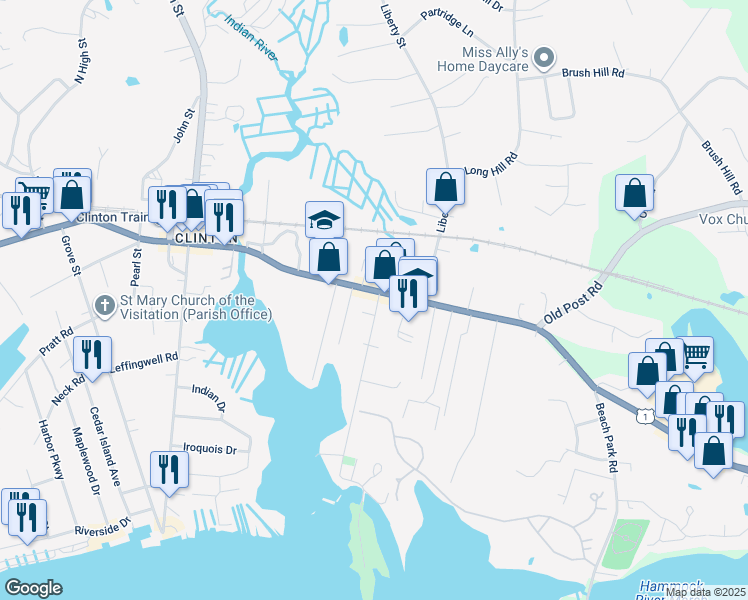 map of restaurants, bars, coffee shops, grocery stores, and more near 100 East Main Street in Clinton