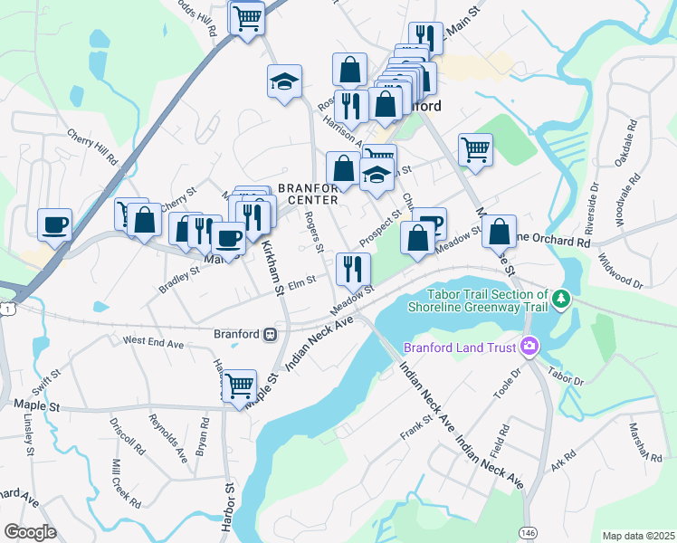 map of restaurants, bars, coffee shops, grocery stores, and more near 55 Rogers Street in Branford