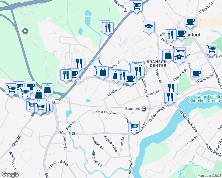 map of restaurants, bars, coffee shops, grocery stores, and more near 11a North Harbor Street in Branford
