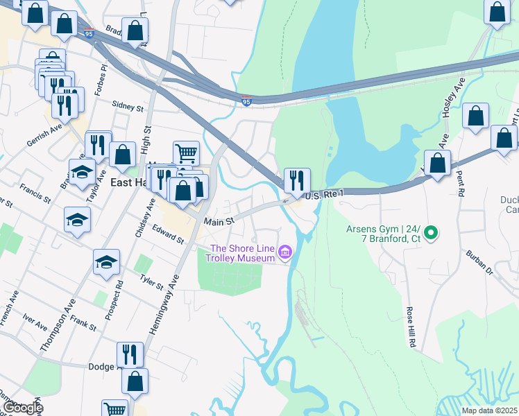 map of restaurants, bars, coffee shops, grocery stores, and more near 70 Main Street in East Haven