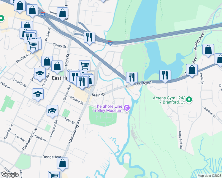 map of restaurants, bars, coffee shops, grocery stores, and more near 15 Goodsell Street in East Haven