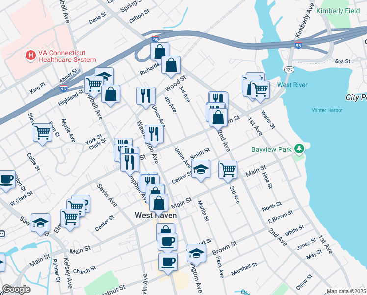 map of restaurants, bars, coffee shops, grocery stores, and more near in West Haven