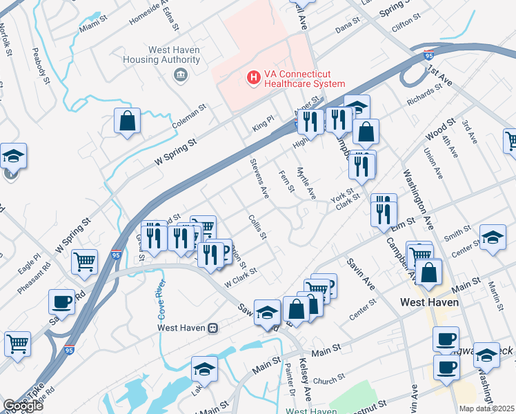 map of restaurants, bars, coffee shops, grocery stores, and more near 70 Stevens Avenue in West Haven