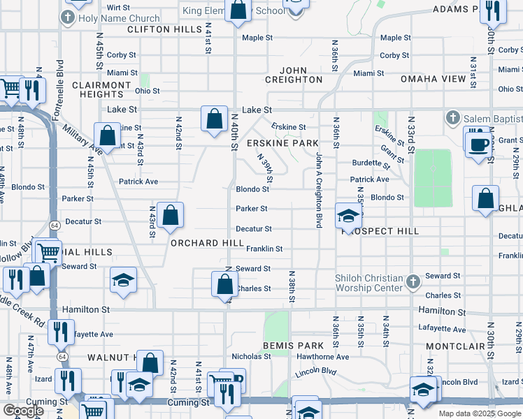 map of restaurants, bars, coffee shops, grocery stores, and more near 3824 Parker Street in Omaha