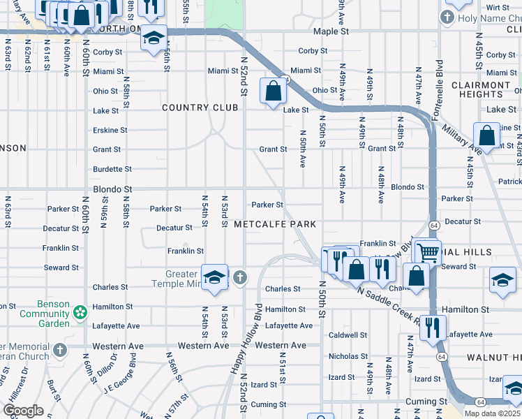map of restaurants, bars, coffee shops, grocery stores, and more near 5127 Parker Street in Omaha