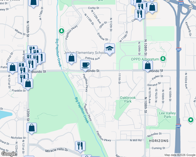 map of restaurants, bars, coffee shops, grocery stores, and more near 11219 Decatur Plaza in Omaha