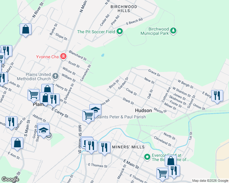 map of restaurants, bars, coffee shops, grocery stores, and more near 1-59 Merlino Dr in Wilkes-Barre