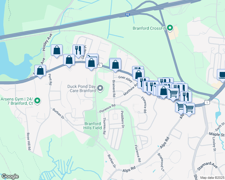 map of restaurants, bars, coffee shops, grocery stores, and more near 25A Brainerd Road in Branford