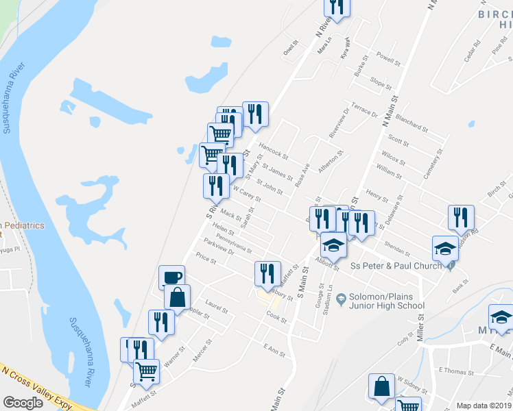 map of restaurants, bars, coffee shops, grocery stores, and more near 83-85 W Carey St in Plains