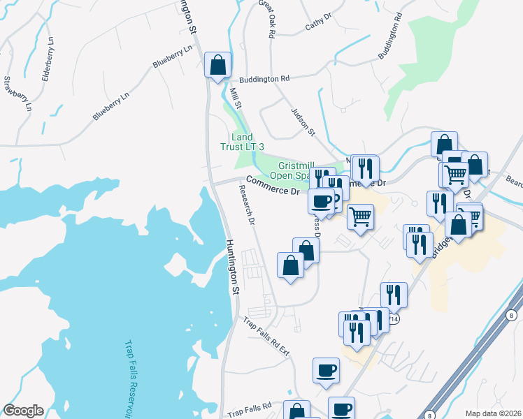 map of restaurants, bars, coffee shops, grocery stores, and more near 12 Commerce Drive in Shelton