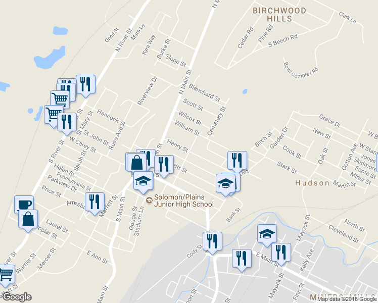map of restaurants, bars, coffee shops, grocery stores, and more near 49 Henry Street in Wilkes-Barre