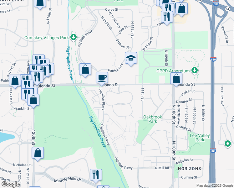 map of restaurants, bars, coffee shops, grocery stores, and more near 11233 Decatur Plaza in Omaha