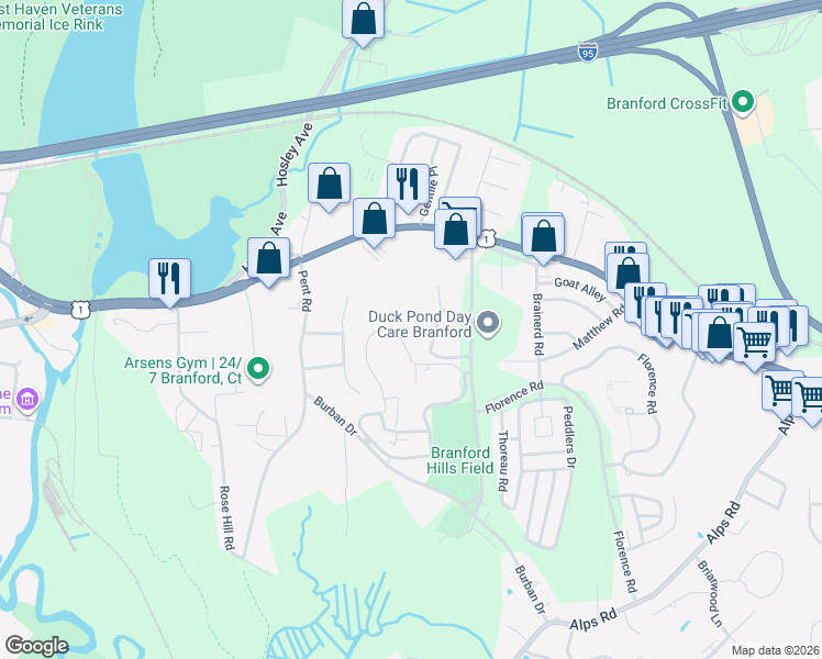 map of restaurants, bars, coffee shops, grocery stores, and more near 404 Jefferson Woods Road in Branford