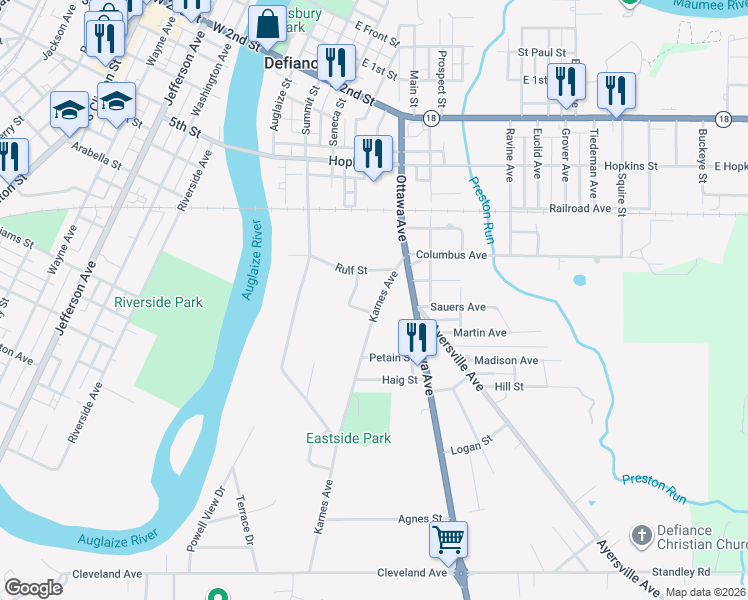 map of restaurants, bars, coffee shops, grocery stores, and more near 840 Karnes Avenue in Defiance