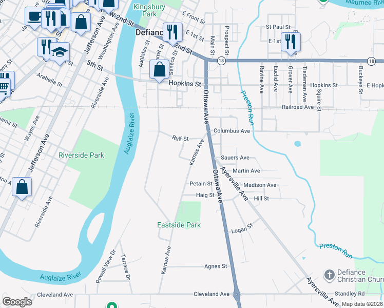 map of restaurants, bars, coffee shops, grocery stores, and more near 840 Karnes Avenue in Defiance