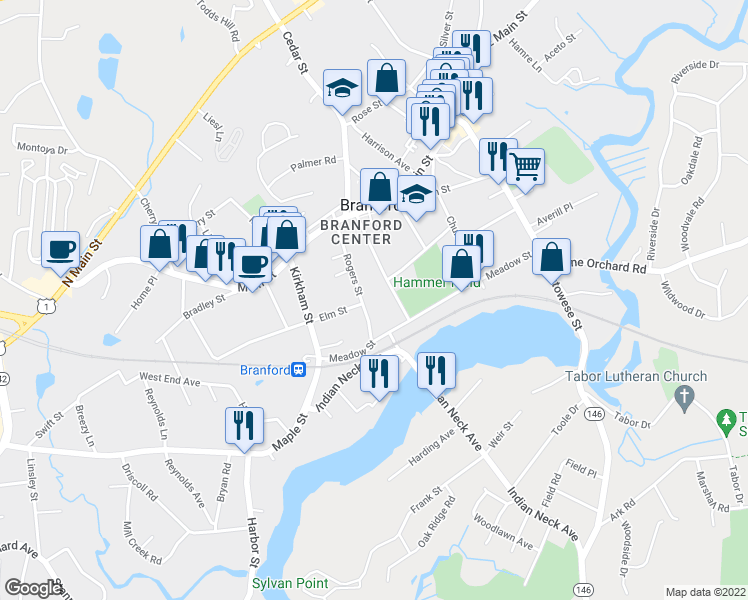 map of restaurants, bars, coffee shops, grocery stores, and more near 41 Rogers Street in Branford