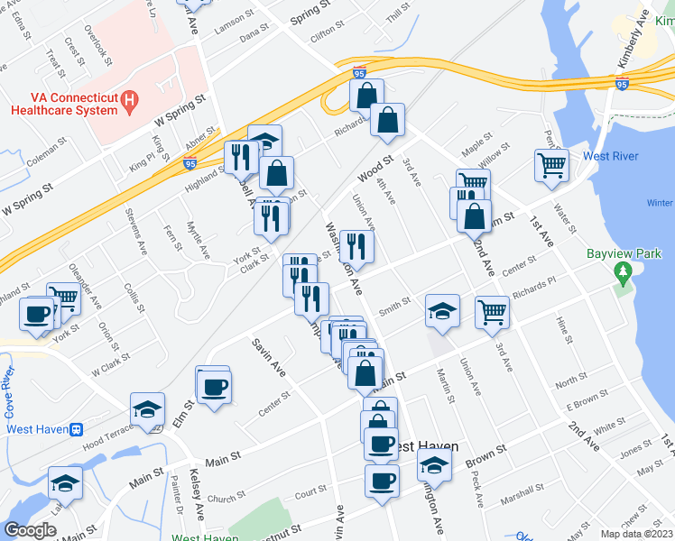 map of restaurants, bars, coffee shops, grocery stores, and more near 674 Washington Avenue in West Haven