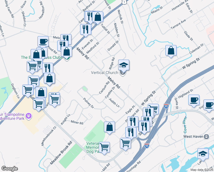 map of restaurants, bars, coffee shops, grocery stores, and more near 20 Carlson Road in West Haven