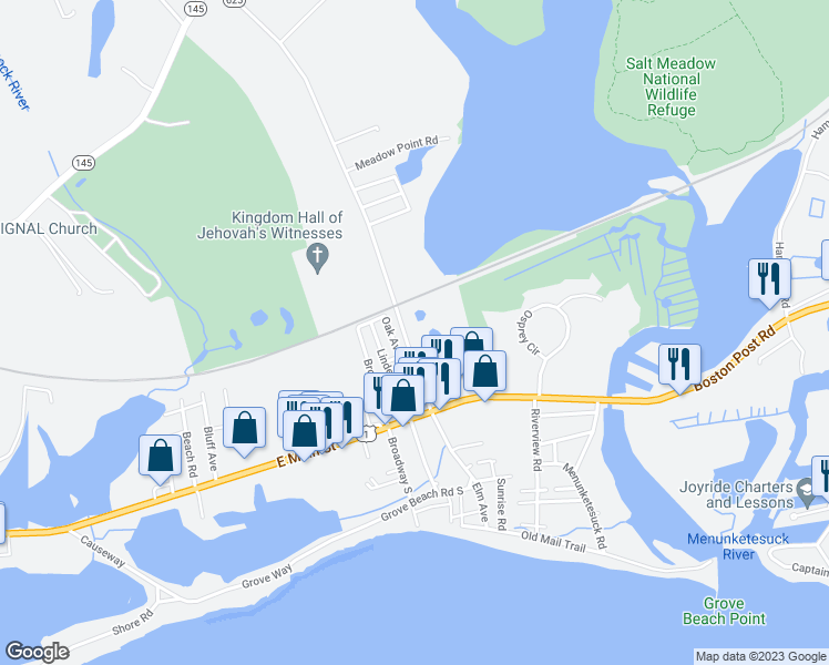 map of restaurants, bars, coffee shops, grocery stores, and more near 86 Grove Beach Road North in Westbrook