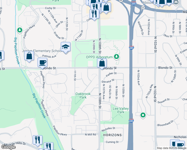 map of restaurants, bars, coffee shops, grocery stores, and more near 10808 Oakbrook Circle in Omaha
