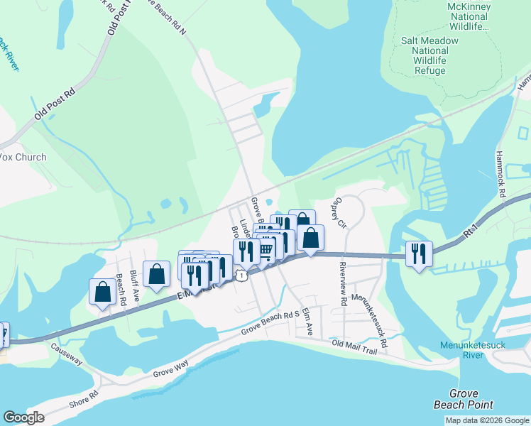 map of restaurants, bars, coffee shops, grocery stores, and more near 86 Grove Beach Road North in Westbrook